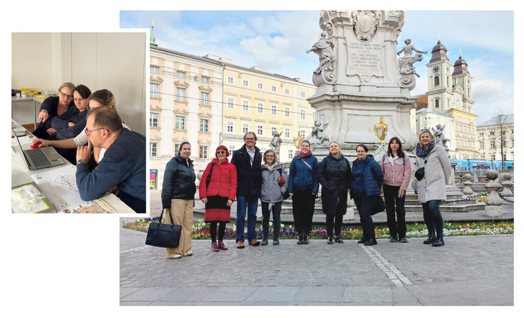 Photo collage: On the right is part of the Tactile Inclusion Team in a group photo taken in downtown Linz; on the left, teachers and graphic designers can be seen working in front of a laptop. A tactile graphic that is currently being discussed lies next to them.